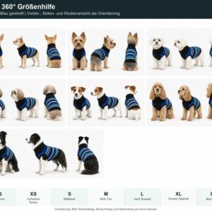 VESTO Hundepullover P013 schwarz-blau gestreift als 360° Größenhilfe mit Hunderassen von XXS bis XXL